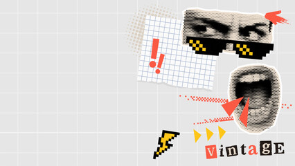 Comic vintage style collage with halftone eyes, pixelated glasses, lightning bolt, and exclamation mark on grid background. Design for fun modern art cover.
