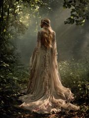 Dreamy fantasy inspired location with a woman in a dramatic long flowing gown.
