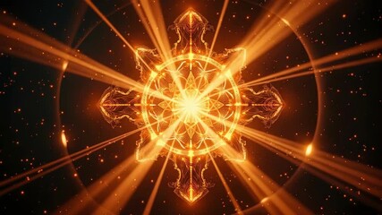Mesmerizing golden mandala radiates energy with luminous rays and sparkling particles in a dynamic cosmic display