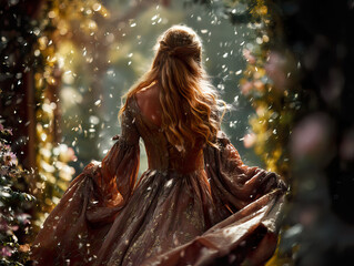 Dreamy fantasy inspired location with a woman in a dramatic long flowing gown.