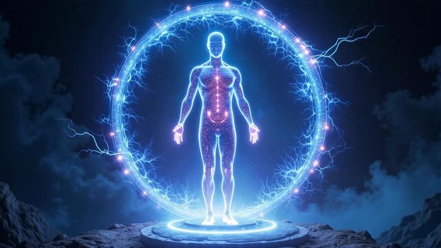 Futuristic human energy portal transformation with glowing digital aura and electrical arcs