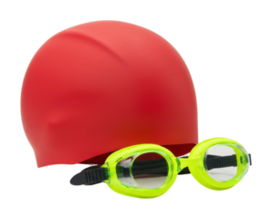 Swimming gear essentials red swim cap and yellow goggles for aquatic fun indoor pool sports equipment fitness. Cut out png