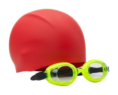 Swimming gear essentials red swim cap and yellow goggles for aquatic fun indoor pool sports equipment fitness. Cut out png