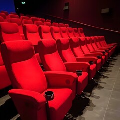 Fototapeta premium Rows of Empty Red Cinema Seats Awaiting Moviegoers' Arrival