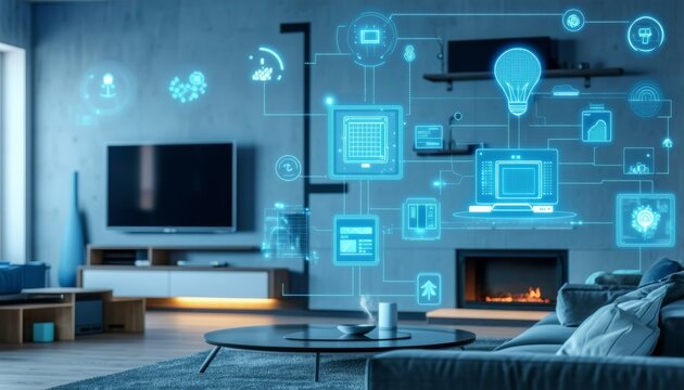 Smart home technology with connected devices controlling lights and appliances.