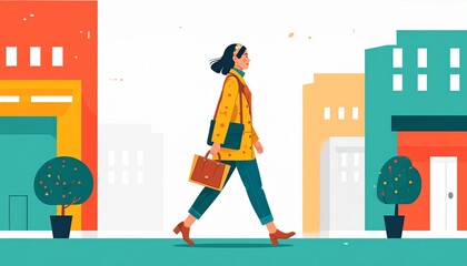 City Girl with Patterned Hairband. A fashionable young woman with a short bob haircut walking down a stylized city street. She wears a trendy, wide hairband with a bold geometric pattern
