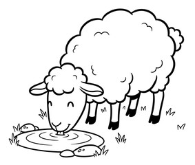 Obraz premium Cartoon Black and White Illustration of a Sheep Drinking Water from a Pond