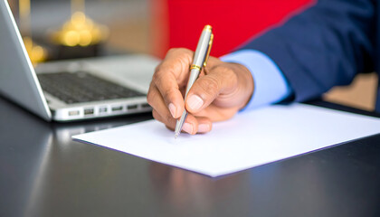 Professional businessman writing notes on paper in modern office with laptop for strategic planning