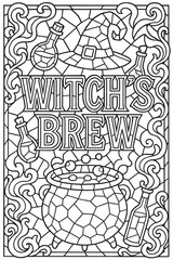 Stained Glass Style Witch’s Brew Coloring Sheet with Hat, Cauldron, and Smoke
