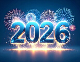 New Year's Eve or New Year's blue background with the inscription 2026 and fireworks