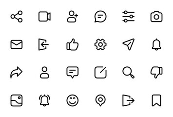 Social media icon set. Minimal vector icons pack. Includes share, video camera, add friend, chat, like, comment, search and more. Editable stroke design.