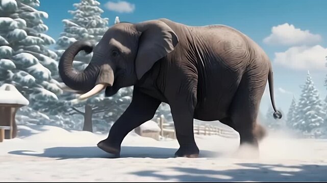 elephant walking in the snowy nture