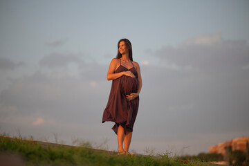 Obraz premium Smiling pregnant woman holding belly while standing on grassy slope under soft golden evening sunlight