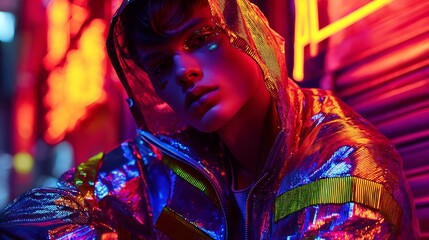 A futuristic streetwear model posing under vibrant neon lights, wearing a glowing LED jacket with asymmetrical cuts and metallic textures