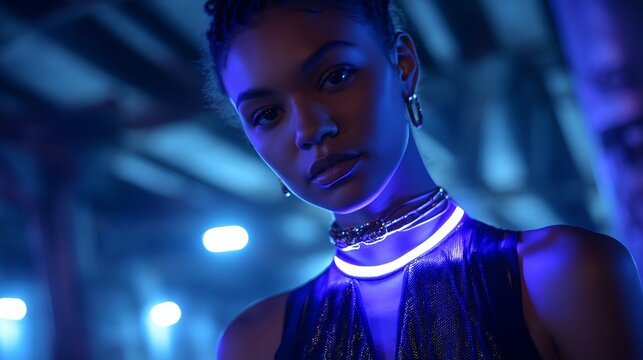 A bold urban fashion scene at night with a model wearing a smart-fabric bodysuit that emits soft neon glows, framed by a gritty futuristic city backdrop 