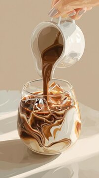 minimalist digital illustration, hand pouring cocoa milk from a small white pitcher into a round glass with ice and cream, swirling chocolate and cream colors, soft painterly style, stylized vector lo