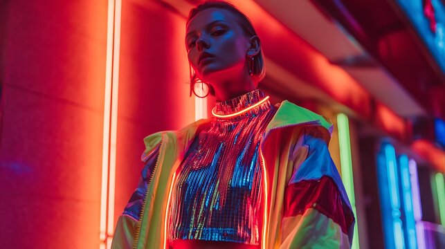 A futuristic streetwear model posing under vibrant neon lights, wearing a glowing LED jacket with asymmetrical cuts and metallic textures - Powered by Adobe