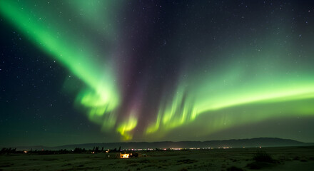 Naklejka premium A vibrant green and white aurora borealis over a Pakistani landscape