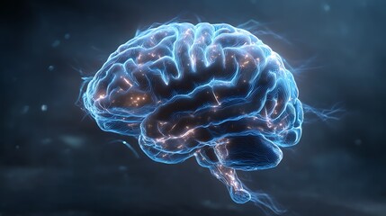 a glowing human brain slowly rebooting with blue digital waves dissolving around it, representing information detox, cinematic light, surreal background 