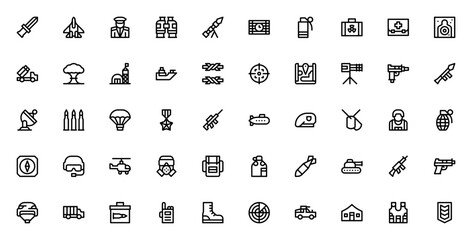 Military icon set. Combat vector illustration pack. Includes knife, jet, tank, rifle, helmet, grenade, soldier, map, artillery, submarine and more. Editable stroke.