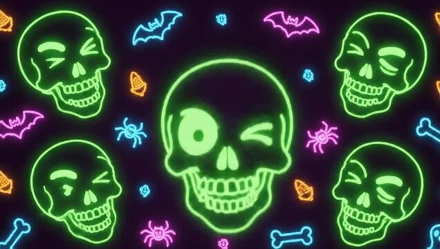 Seamless animation psychedelic dancing skeleton printed drawn style cartoon. Hypnotic halloween background with marker stroke effect in black and white.