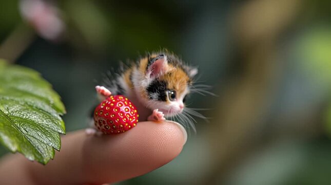 Cute kitten plays with a strawberry on a person's finger in a garden setting