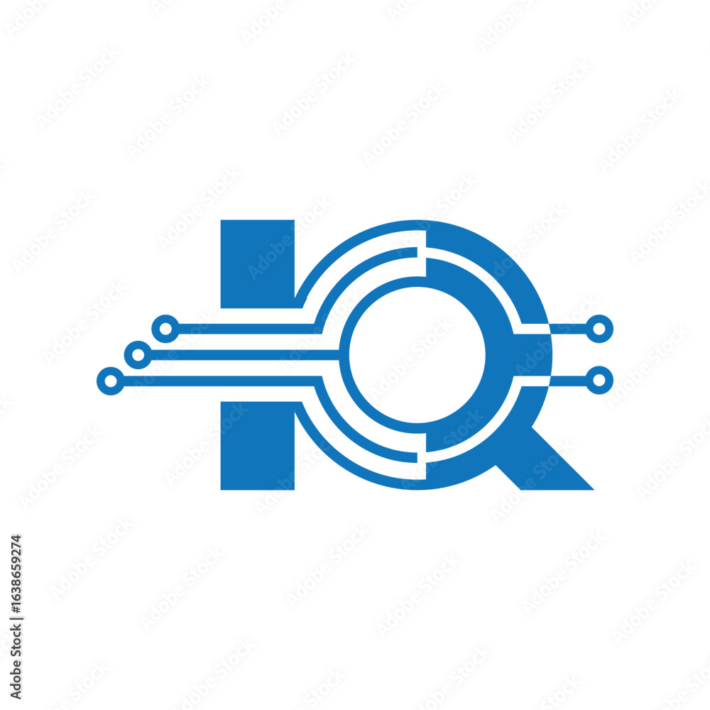Poster the image shows a flat logo design of an initial letter q in blue color combo with circuit lines tha