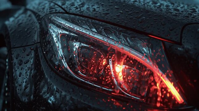 Close-up of car headlight illuminated in rain during nighttime