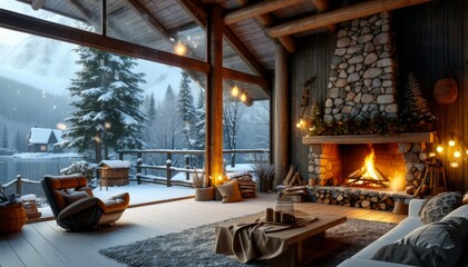 Winter cabin scene with snow outside and a cozy fireplace inside.