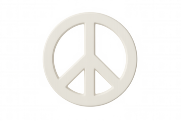 White peace symbol rendered three-dimensionally, floating against transparent backdrop, symbolizing harmony and nonviolence worldwide