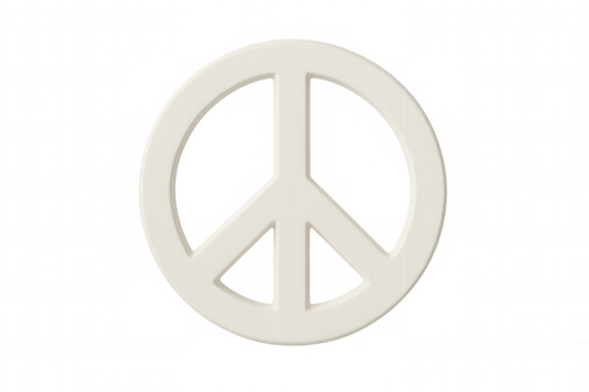 White peace symbol rendered three-dimensionally, floating against transparent backdrop, symbolizing harmony and nonviolence worldwide