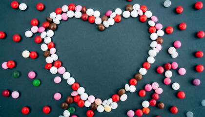 Obraz premium Heart-shaped candy border on dark background