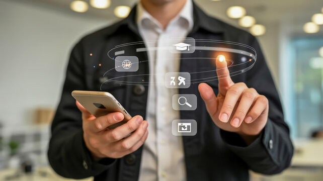 Man using smartphone interacting with futuristic holographic technology interface - Powered by Adobe