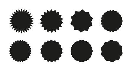 Vintage flat labels isolated. Star burst shape tags for price, shops. Black circle sticker set. Wavy edge promo black badges. Sale stickers collection, simple silhouette. Vector illustration.