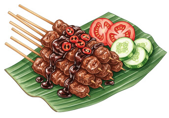 Illustration of grilled satay skewers with sweet soy sauce chili tomato and cucumber on a banana leaf.