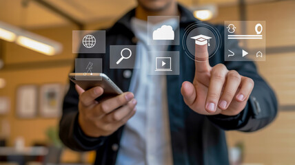 Man using smartphone and touching holographic icons for education and technology