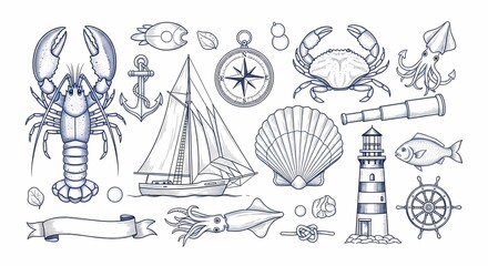 Nautical marine elements vector illustration ocean sea life travel adventure art