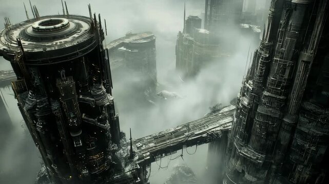 AI-generated aerial tall, crumbling towers rise above a desolate, smoke-filled urban wasteland