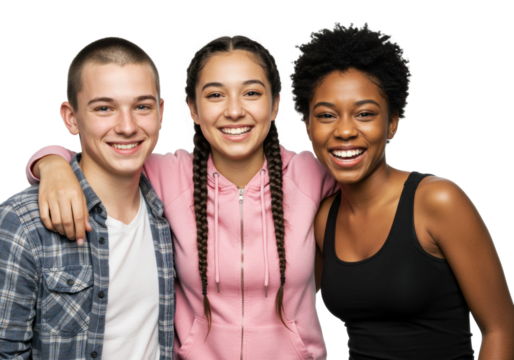 Joyful friends group portrait studio bright lighting casual setting youthful connection. Cut out png