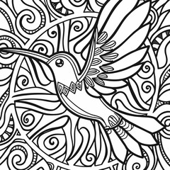 Fototapeta premium Kolibri-Illustration im kunstvollen schwarz-weißen Linienkunst-Design