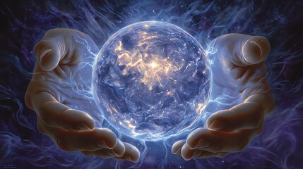 hands holding a glowing sphere morphing with changing patterns, symbolic of evolving beliefs and inner truth, surrounded by abstract shifting energy waves, deeply symbolic, artistic realism, 