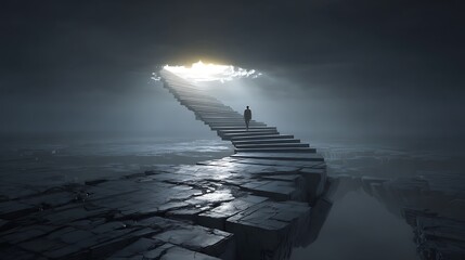 individual walking across a broken bridge of old beliefs, stepping toward floating stairs made of light and new values, existential journey concept, cinematic depth, hyper-realistic, 
