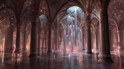 Obraz premium inner temple with collapsing stone pillars labeled with outdated values, and new crystal columns rising in light, spiritual growth, highly detailed architecture, mystical atmosphere, 