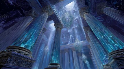 inner temple with collapsing stone pillars labeled with outdated values, and new crystal columns rising in light, spiritual growth, highly detailed architecture, mystical atmosphere, 