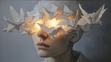 open head with ideas flying out like paper birds, replaced by glowing new beliefs flowing in, surrounded by subtle light and warm atmosphere, emotional transformation, hyperrealism, 