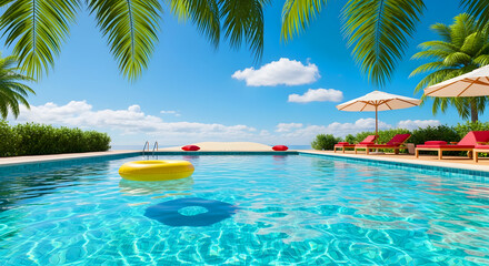 Fototapeta premium A luxurious swimming pool with a yellow floatie overlooks a tropical beach on a sunny day.