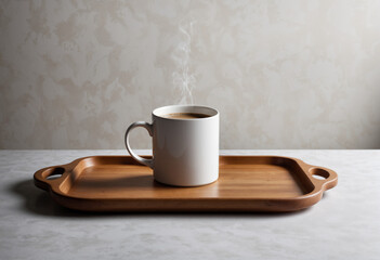 A steaming hot cup of black coffee sits on a brown wooden table, ready for a morning drink