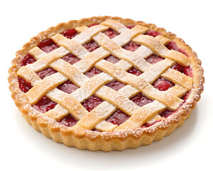 A whole cherry pie with lattice crust dusted with powdered sugar on a white background surface