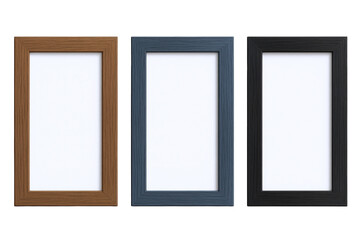 Three modern rectangular picture frames in wood, blue, and black finishes, showcasing blank white spaces for custom content.
