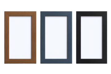 Three modern rectangular picture frames in wood, blue, and black finishes, showcasing blank white spaces for custom content.